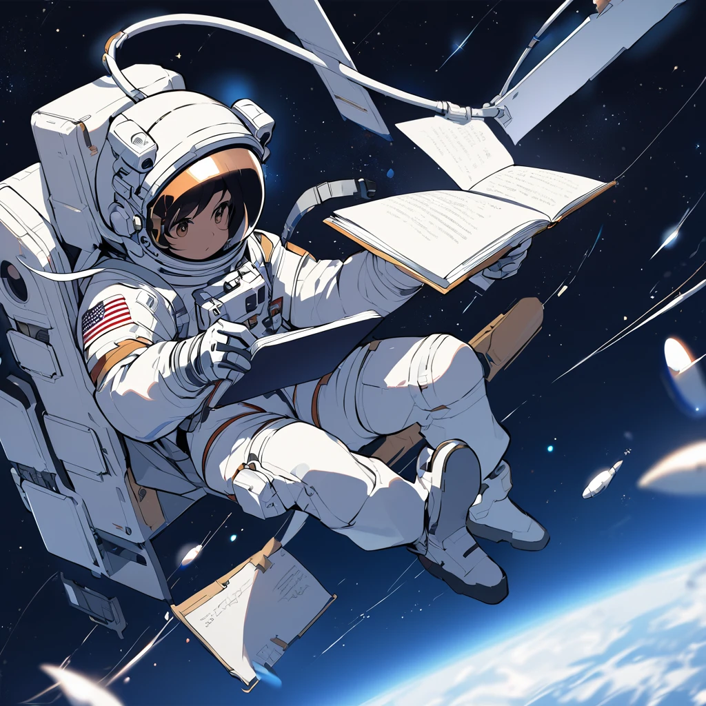 Astronaut flying in space writing in book flying