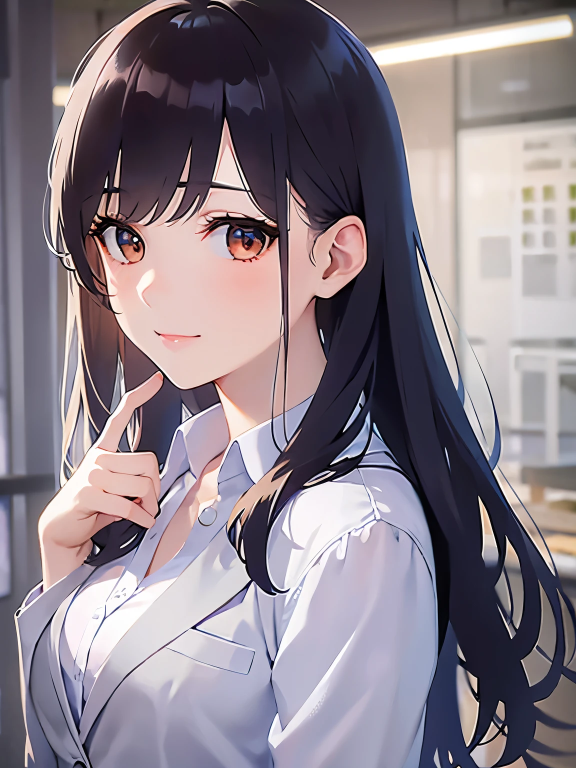 leaning forward, Shooting from above、Upper Body,Put your hand over your mouth、
Realistic, real person, (pale skin: 1.2), RAW photo, photorealistic, shiny skin, shiny hair、(A 2 woman with medium-length hair and bangs) and (wavy hair) and (brown hair) and (orange eyes) ,
(Wearing a business suit:1.5) and (Wearing a white collared shirt)、
(Cleavage:1.2)、(blush:1.5),smile,,The background is the conference room、(alone:1.5)