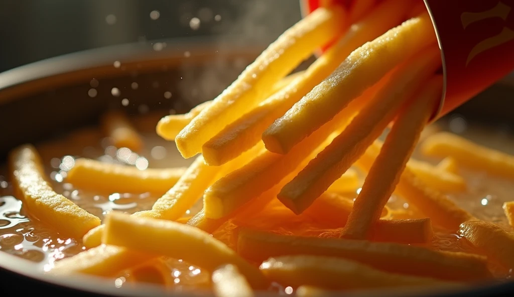 A hyper-realistic, high-contrast, 8K HD, ultra-detailed close-up shot of golden, crispy fries being lifted from hot oil in slow motion. The fries are perfectly cooked, with a golden-brown color, capturing the exact moment when they rise from the bubbling oil, dripping with deliciousness. The scene is accompanied by the crunch of the fries, with a subtle steam rising, emphasizing their freshly cooked nature. The background is blurred to keep the focus entirely on the fries, with the iconic 'W' logo subtly visible in the corner, reminiscent of the famous fast-food chain. The lighting is warm and inviting, enhancing the rich color of the fries, making them look irresistibly tasty.