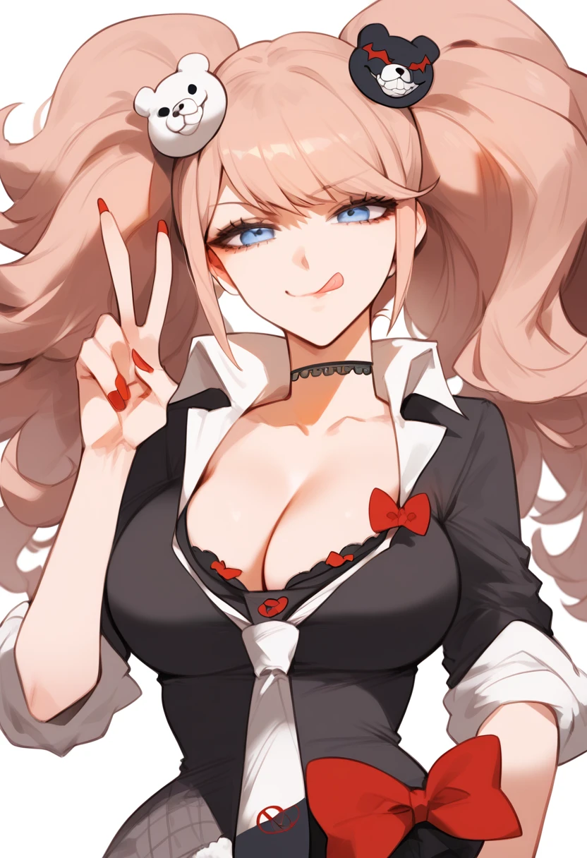 score_9, score_8_up, score_7_up, source_anime, solo, 1girl, enoshima junko, twintails, bear hair ornament,black shirt, white necktie, red bow, sleeves rolled up, skirt, choker, cleavage, large breasts, smug face, tongue out, peace sign