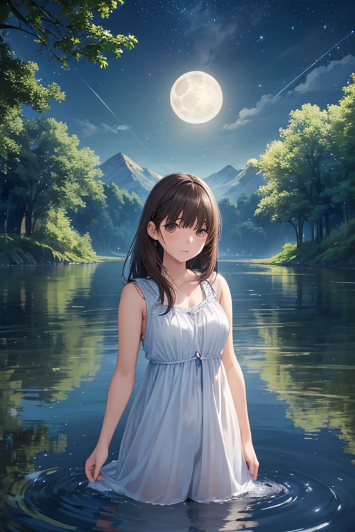 anegasaki nene、Shiny brown hair, short hair, (Beautiful brown eyes、Sparkling eyes, Fine grain)、smile、Ultra-detailed eyes、Highly detailed face, Highly detailed eyes,Cowboy Shot、
(High resolution,Highest quality,Actual),1 person,Standing on the lake,Looking at the moon,sparkling Water surface reflection,Calm atmosphere,(Mysterious, Mysterious beauty:1.1),(Long flowing hair,loose fitting dress),(Soft moonlight illuminates the scene),(mystery,Obsessed),Water Ripples,(Whis,Moderate breeze),calm and quiet night,stars The Shining in the sky,(delicate,delicate colors),(sublimation,sublimation beauty),(Contour, Contour figure),(peaceful,peaceful expression),(Distant Mountain々,Distant Tree),(dreamlike,dreamlike scene),(peaceful,peaceful setting),(magic,magic moment),(Lush vegetation, Lush green environment),(Mysterious reflections,Water surface reflection),(Majestic,Majestic view),(Charm,Charm sight),(peaceful,Gloomy mood),(Light illuminates darkness),(peaceful,Calm aura),(Moderate,Moderate waves),(Starlight,Starlight sky),(The Shining,Starry Night),(Calm,Calm beauty),(wonderful,wonderful atmosphere),(Lakeside scenery,Lake view),(dream,dream landscape),(Mysterious,Mysterious ambiance),(mystery,mystery aura),(quiet,quiet surroundings),(Lonely,Calm Lonely)