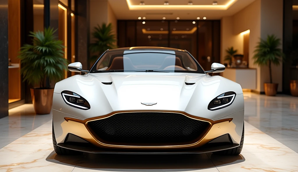 A front view of the luxurious new 2025 Aston Martin, elegantly finished in a striking combination of white and gold, parked in an upscale showroom. The car’s iconic front grille, sleek LED headlights, and polished gold accents exude a sense of exclusivity and refined elegance. The pristine white bodywork contrasts beautifully with the gold details, creating a sophisticated and dynamic appearance. The showroom itself is designed with opulent features such as polished marble floors, expansive glass walls, and stylish decor. The refined lighting enhances the car’s premium finish, making the Aston Martin the centerpiece of this luxurious environment.