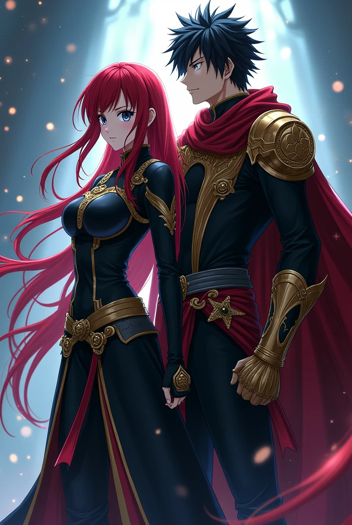 A wallpaper of Erza Scarlet with me as her husband. I'm black haired, black eyes, have an introvert personality. He is wearing a blackgold assassin uniform.