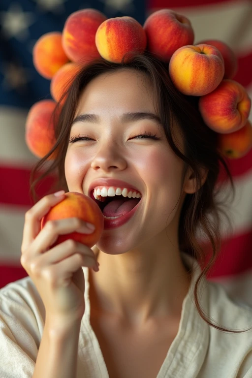 Clothed 30&#39;s、A very beautiful American woman。Dressed in traditional American clothing。Facing forward、Open your mouth wide、He is holding a peach in his right hand and biting into it with a delicious look on his face.。The expression is、Ecstatic expression、I feel a strong sense of ecstasy。With a smile、Both eyes are open。The head is peeled、Covered in several real peaches。There are a lot of peaches on and around the head.。There are peaches all around。There are so many peaches。The skin is、Hidden by clothes、Light clothing。There are peaches all around。Covered in peaches。Fully clothed。No tattoos。The background is the colors of the American flag.。9:16 sizes。Highest quality、A masterpiece。