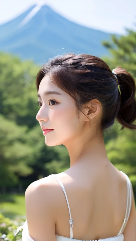 Beautiful Japan Woman、slender、masterpiece、High resolution、Realistic、ponytail、Stylish white dress、Shoulders out、Natural skin texture