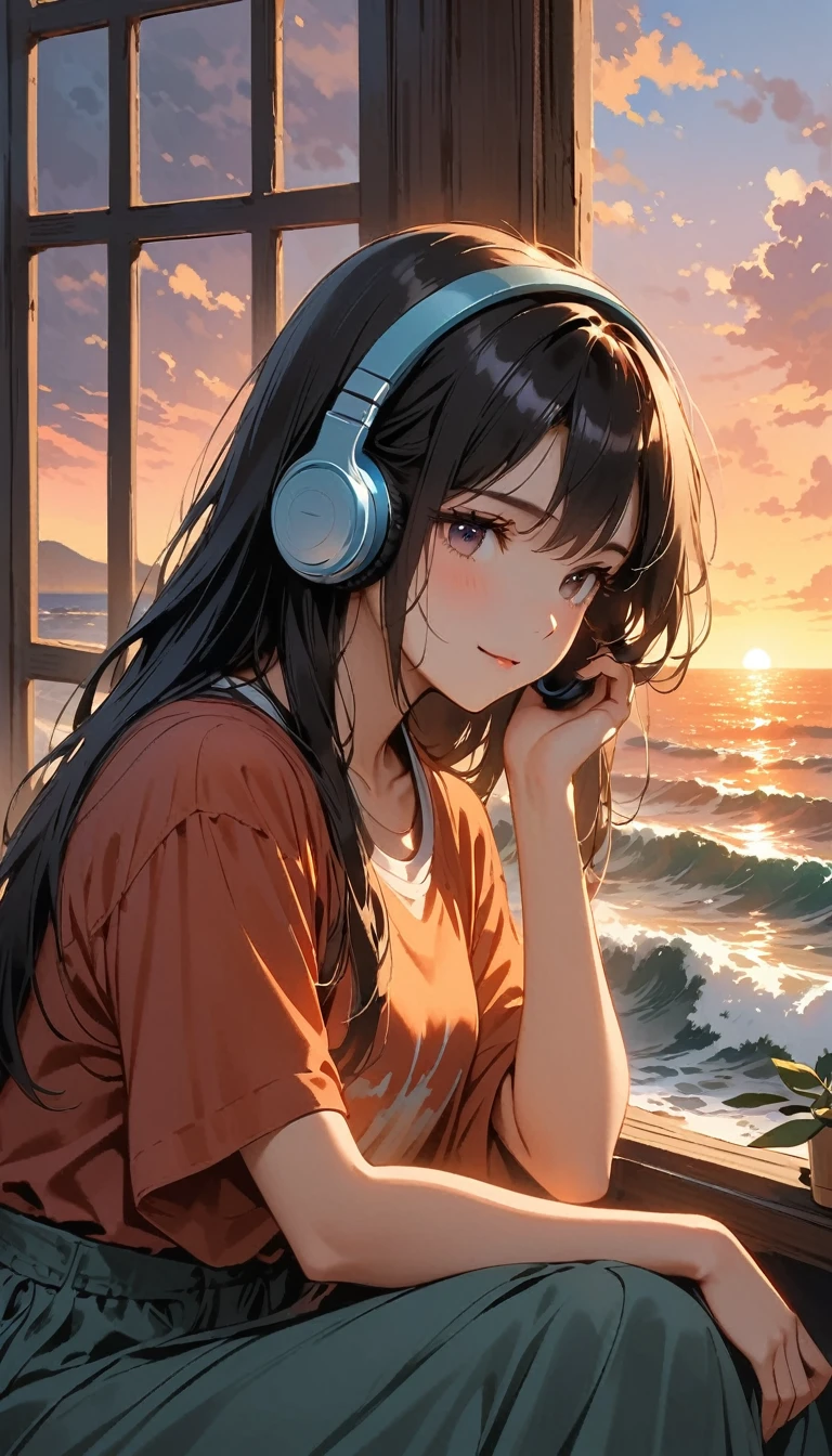 「A girl sitting by a window overlooking the sunset and waves。She puts on headphones、Wearing a T-shirt、Drinking coffee while feeling sleepy。The soft light of the setting sun gently illuminates her face、The shadows add a light accent to the cheeks.。Her eyes are half closed、With a gentle smile、It creates a relaxed atmosphere。Immersed in music、A pleasant breeze gently sways my hair、Outside the window, you can see the beautiful purple and orange gradation of the sunset and the waves.、Ghibli-style scenery spreads out before you。--ar 4:1」