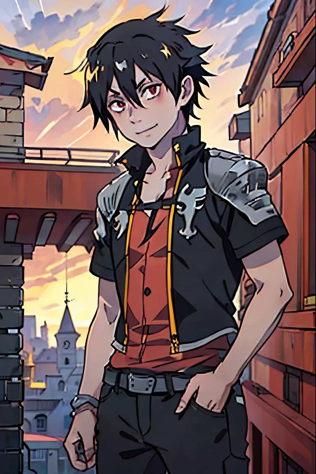 a highly detailed portrait of a young man with black hair and red eyes, wearing black pants and red-detailed clothing, medieval clothes, black cloat, smiling, standing in front of a large kingdom in the background at night, (best quality,4k,8k,highres,masterpiece:1.2),ultra-detailed,(realistic,photorealistic,photo-realistic:1.37),intricate details,dramatic lighting,cinematic,breathtaking,moody,dark fantasy,chiaroscuro,dramatic,atmospheric