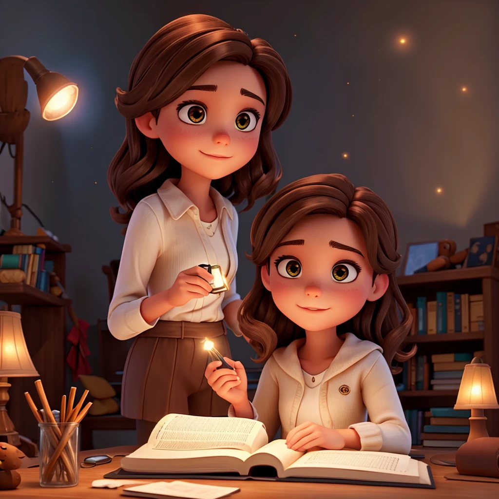 brown haired woman reading a book, lights and magic in the background.