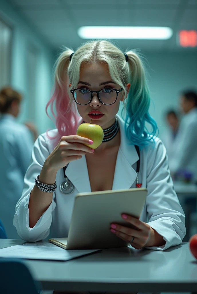 Cinematic image of Harley Quinn with prescription glasses and a white doctor's coat, she is sitting at the hospital table with a file in her hand and eating an apple and is wearing high heels