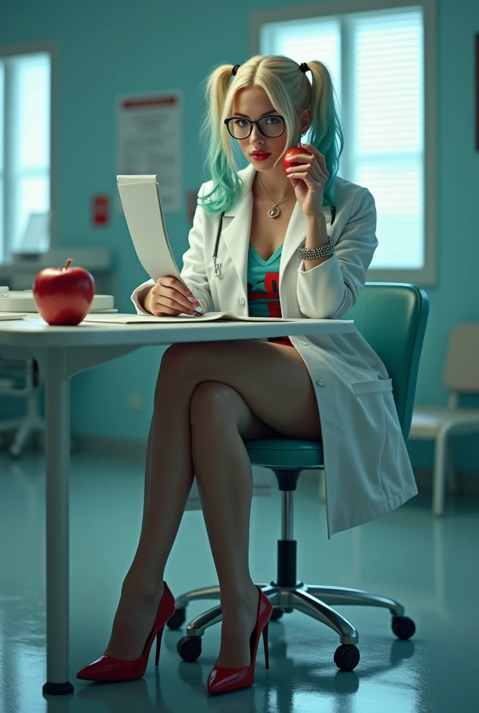 Cinematic image of Harley Quinn with prescription glasses and a white doctor&#39;s coat, she is sitting at the hospital table with a file in her hand and eating an apple and is wearing high heels 