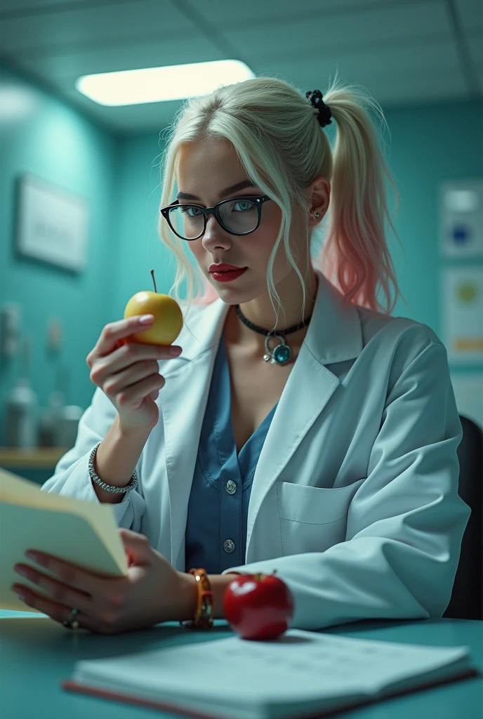Cinematic image of Harley Quinn with prescription glasses and a white doctor's coat, she is sitting at the hospital table with a file in her hand and eating an apple and is wearing high heels
