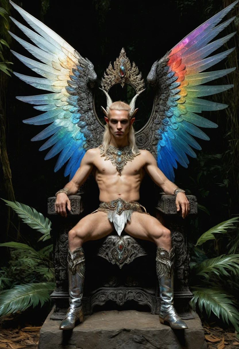 Design me a {Colossal Masterpiece, realistic oil painting, best quality, by Gustave Moreau, chiaroscuro, iridescent, holographic, lysergic}, terror dramatic portrait of a male high elf Garuda, blonde, elf ears, sharp face, angular face, high cheekbones, ((his skin is jaundiced)), magnificent, arrogant, sullen. ((((displaying iridescent colored wings, reclined, sat on a throne in a jungle temple)))).
