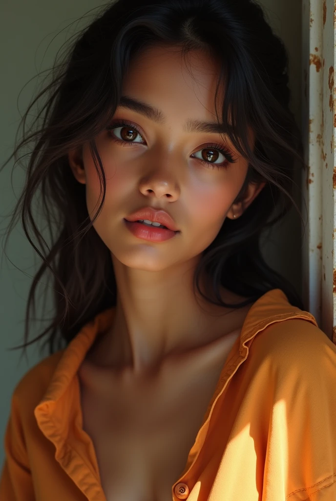 a cute teen tamil girl, dusky skin, 1girl,beautiful detailed eyes,beautiful detailed lips,extremely detailed eyes and face,longeyelashes,cute smile,loose and torn open shirt,unbuttoned shirt,nude cute boobs,photorealistic,realistic,high quality,detailed,vibrant colors,soft lighting,warm colors,dreamy,elegant,beautiful