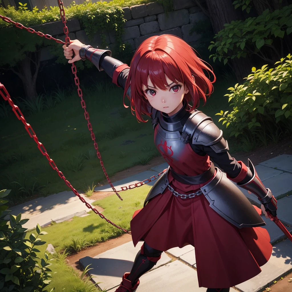 最high quality、high quality、Simple red cloth armor、10Year-old girl adventurer、Equipped with a weapon that has a short chain at the end of a stick and a spiked iron ball at the end of the chain、In a dark maze、