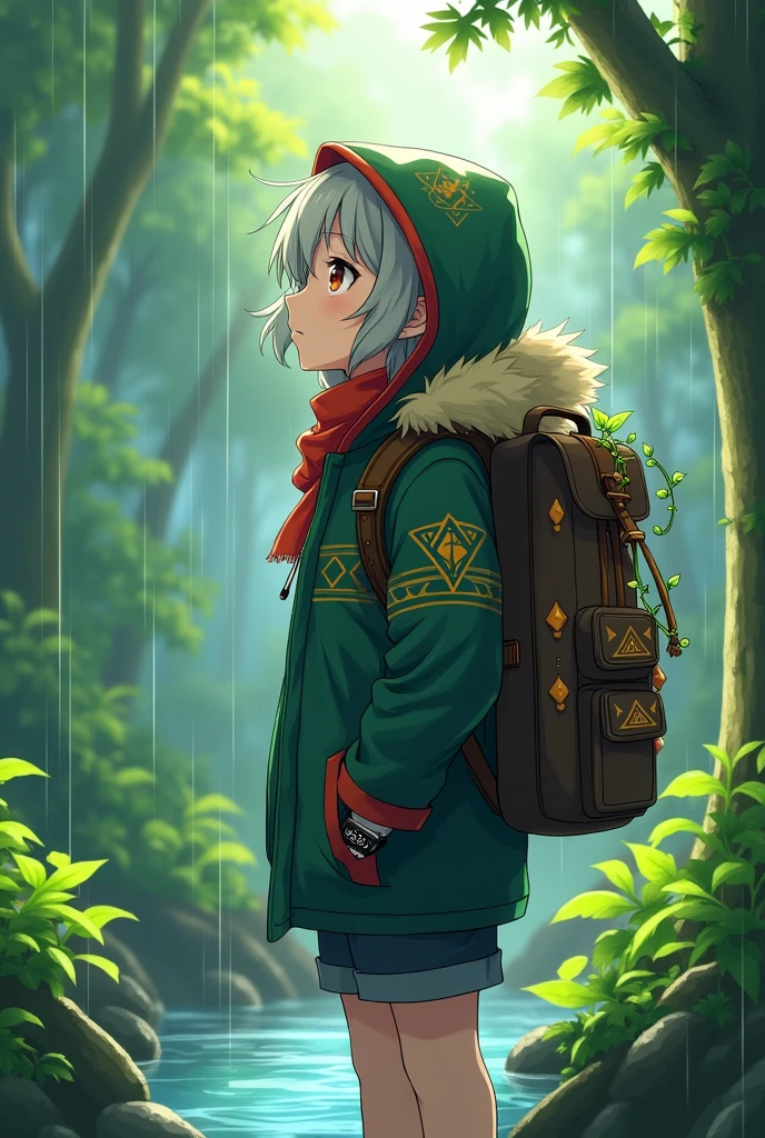 An anime-style digital illustration depicts a young character standing in a lush, green forest during a gentle rain. The character, shown from a profile view facing left, has light gray, slightly wavy hair flowing around their face and is wearing a forest green hooded rain jacket with intricate geometric patterns, red accents, and a fur-lined hood. The hood is dark green with a red interior lining and features gold symbols or designs. A bright red scarf is visible around their neck, complementing the jacket's vibrant colors. Their expression appears calm and contemplative as they gaze upwards into the distance. The character carries a large, dark brown backpack adorned with orange triangular patterns, straps, and multiple pockets. Green vines and small plants grow from the side pockets, adding to the rustic feel. A small doll or charm dangles from the side of the backpack. The character holds the backpack's strap over their right shoulder with their left hand, which has a black digital watch on the wrist. Their eyes are light brown, and they have subtle blush on their cheeks. The scene is set in a dense forest with various shades of green foliage, illuminated by soft beams of sunlight filtering through the canopy, casting a warm glow over the character and creating dappled lighting effects. Raindrops are visible falling throughout the scene, adding to the atmosphere. The background is blurred, emphasizing the character and their surroundings. A shallow stream with clear blue water is partially visible in the foreground, surrounded by vibrant green leaves and plants. The overall mood is serene and adventurous, enhanced by the high contrast, moderate saturation, and balanced luminance of the illustration. The color palette includes forest green, midnight green, crimson red, steel gray, sky blue, and earth brown, contributing to the tranquil yet mysterious atmosphere of this nature-inspired anime scene.