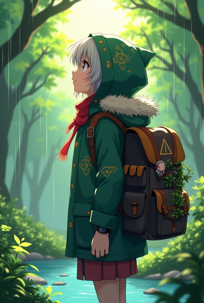 An anime-style digital illustration depicts a young character standing in a lush, green forest during a gentle rain. The character, shown from a profile view facing left, has light gray, slightly wavy hair flowing around their face and is wearing a forest green hooded rain jacket with intricate geometric patterns, red accents, and a fur-lined hood. The hood is dark green with a red interior lining and features gold symbols or designs. A bright red scarf is visible around their neck, complementing the jacket's vibrant colors. Their expression appears calm and contemplative as they gaze upwards into the distance. The character carries a large, dark brown backpack adorned with orange triangular patterns, straps, and multiple pockets. Green vines and small plants grow from the side pockets, adding to the rustic feel. A small doll or charm dangles from the side of the backpack. The character holds the backpack's strap over their right shoulder with their left hand, which has a black digital watch on the wrist. Their eyes are light brown, and they have subtle blush on their cheeks. The scene is set in a dense forest with various shades of green foliage, illuminated by soft beams of sunlight filtering through the canopy, casting a warm glow over the character and creating dappled lighting effects. Raindrops are visible falling throughout the scene, adding to the atmosphere. The background is blurred, emphasizing the character and their surroundings. A shallow stream with clear blue water is partially visible in the foreground, surrounded by vibrant green leaves and plants. The overall mood is serene and adventurous, enhanced by the high contrast, moderate saturation, and balanced luminance of the illustration. The color palette includes forest green, midnight green, crimson red, steel gray, sky blue, and earth brown, contributing to the tranquil yet mysterious atmosphere of this nature-inspired anime scene.