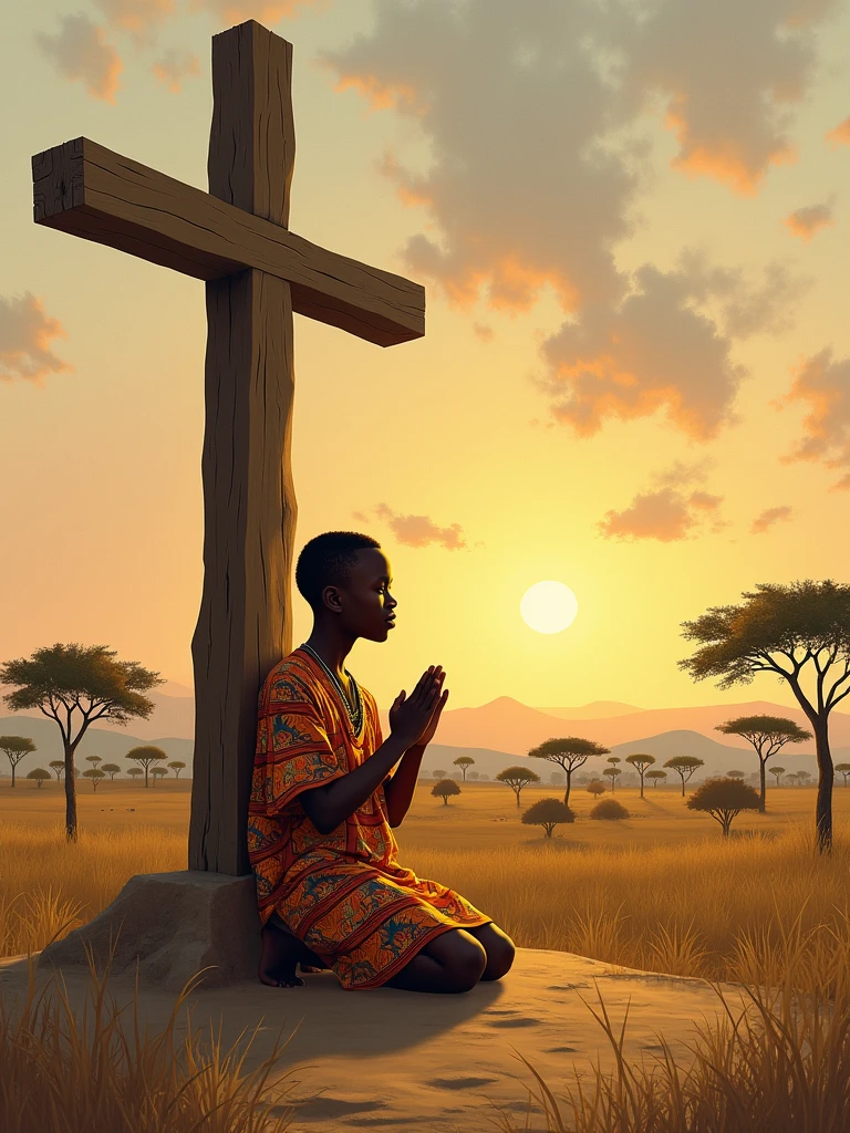 A young African boy is kneeling upright under a large, rustic wooden cross in a serene African landscape. The boy's posture is upright, with his knees firmly on the ground and his back straight, just like in a classic prayer stance. His hands are gently extended forward, palms together in a gesture of devotion. He wears traditional African clothing adorned with vibrant patterns that contrast beautifully with the natural surroundings. The background features tall grasses, acacia trees, and distant mountains, with the warm glow of a setting sun casting long shadows. The painting style should emphasize the boy's spiritual connection and the harmony between his cultural roots and his faith, using soft brushstrokes and an earthy color palette that evokes the beauty of traditional African art.