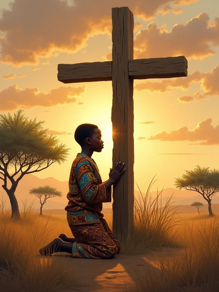 A young African boy is kneeling upright under a large, rustic wooden cross in a serene African landscape. The boy's posture is upright, with his knees firmly on the ground and his back straight, just like in a classic prayer stance. His hands are gently extended forward, palms together in a gesture of devotion. He wears traditional African clothing adorned with vibrant patterns that contrast beautifully with the natural surroundings. The background features tall grasses, acacia trees, and distant mountains, with the warm glow of a setting sun casting long shadows. The painting style should emphasize the boy's spiritual connection and the harmony between his cultural roots and his faith, using soft brushstrokes and an earthy color palette that evokes the beauty of traditional African art.