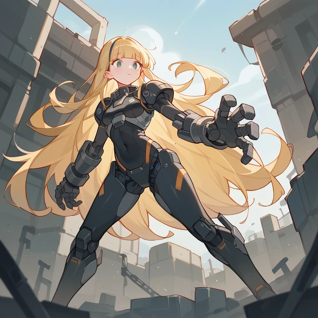 score_9, score_8_up, score_7_up, score_6_up, score_5_up, score_4_up, masterpiece, best quality, source_アニメ,2d、flat、1girl, A girl in a black pilot suit、Blonde、Straight Hair、blunt bangs、freckles、Long Hair、Machine Ruins、Sunset、sit
