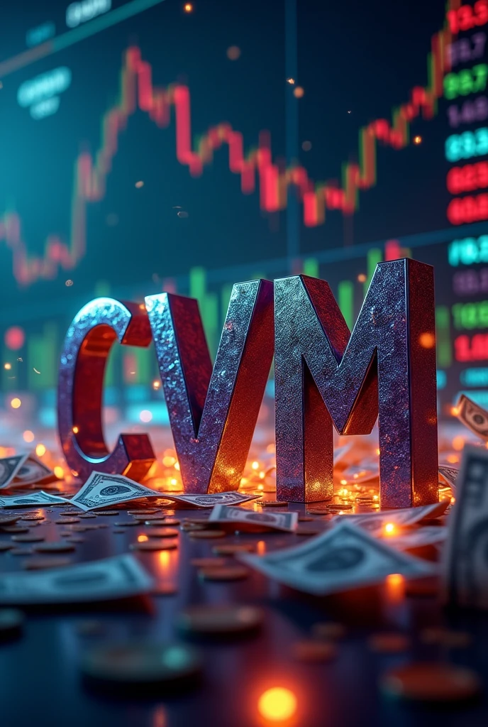 create a slideshow cover with the letters CVM stamped as the title, and in the background the image of the stock market varying (without workers). Also put money flying in the background. Make cvm letters beautiful
