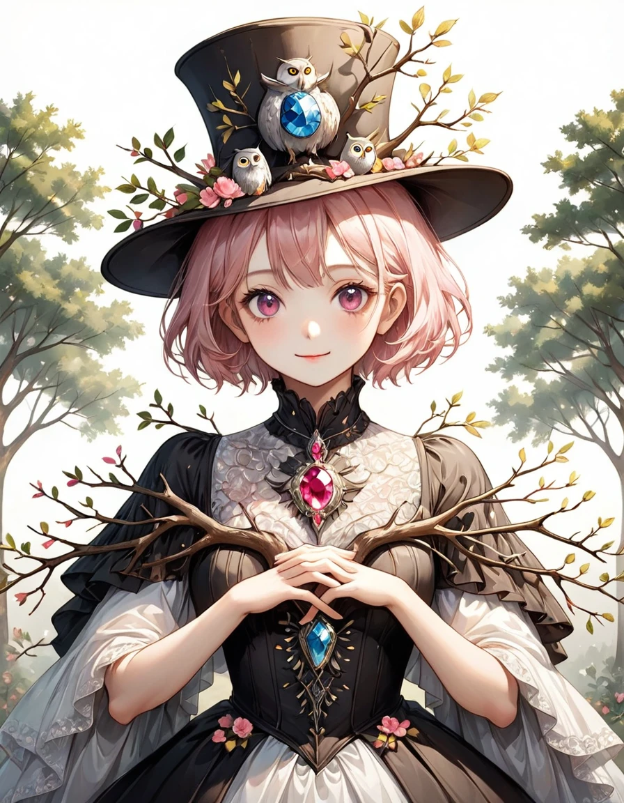 Highest quality、High resolution、(Beautiful face in every detail:1.4)、(Draw a picture to fit on the canvas:1.5)、Carefully draw your hands、Delicate hands、Elaborate hands、Anatomically correct、(Normal number of fingers:1.2)、(Highly detailed face)、Detailed eyes、age Beauty、Perfect body line、Stand in the center、so beautiful、 (((Blank Background:1.5, No background:1.5, Background white:1.5)))、1people、(Upper Body:2.0)、woman、(Smile:1.5)、Halloween、witch、The hat is very small、(Pink Hair:2.0)、(Short Hair:2.0)、(witchの小さい帽子:1.5)、(1 owl:1.5)、(One very large owl:1.5)、(梟とwomanは仲良し:1.5)、(梟はwomanの体の前腕にとまっている:1.5)、(The hat only has flowers on it:1.5)、Unexposed clothing、(Realistic Owl:1.5)、An owl that looks just like a photo、Change the design of the clothes、(Victorian dress:1.5)、Change the pose、Beautiful fingers、(There is a big jewel on the hat:1.5)、(Trees and branches are not drawn:2.0)、