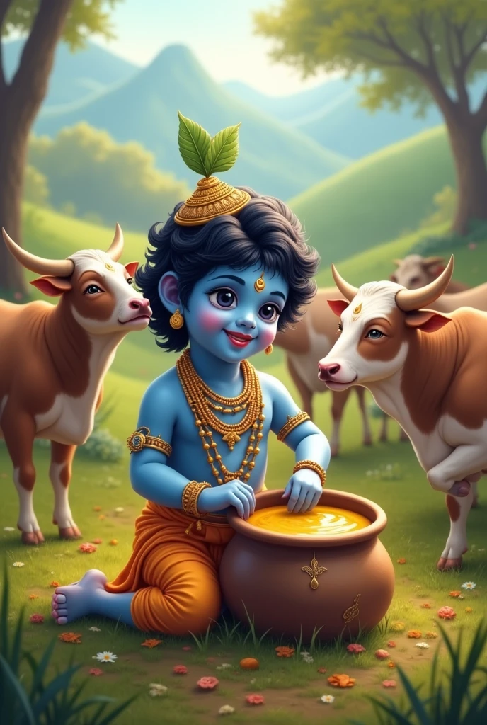 Create lord little krishna with cows singing song eating ghee from mud pot