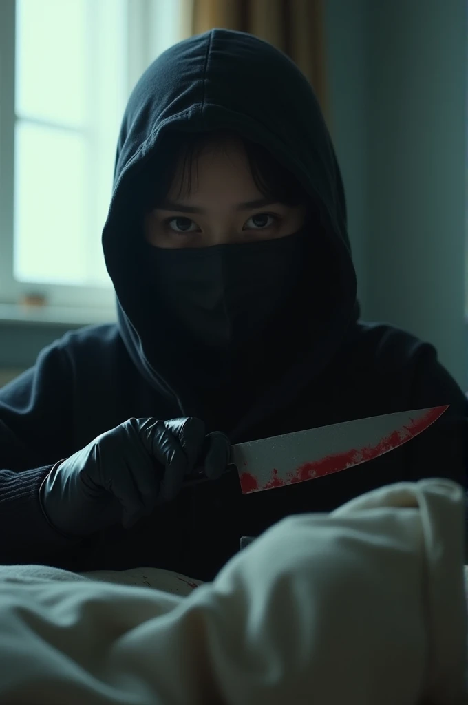 korean girl, (behind stiff, holding knife), stabbing, black balaclava mask, black gloves, cute room, black raincoat, trucker hat, bloody knife, black gloves, woman on top, behind cadaver, blood splatter, on the bed, looking at viewer, mass murderer, killer, blood splatter, dark atmosphere, cinematic lighting, atmospheric realistic, light from the window,
