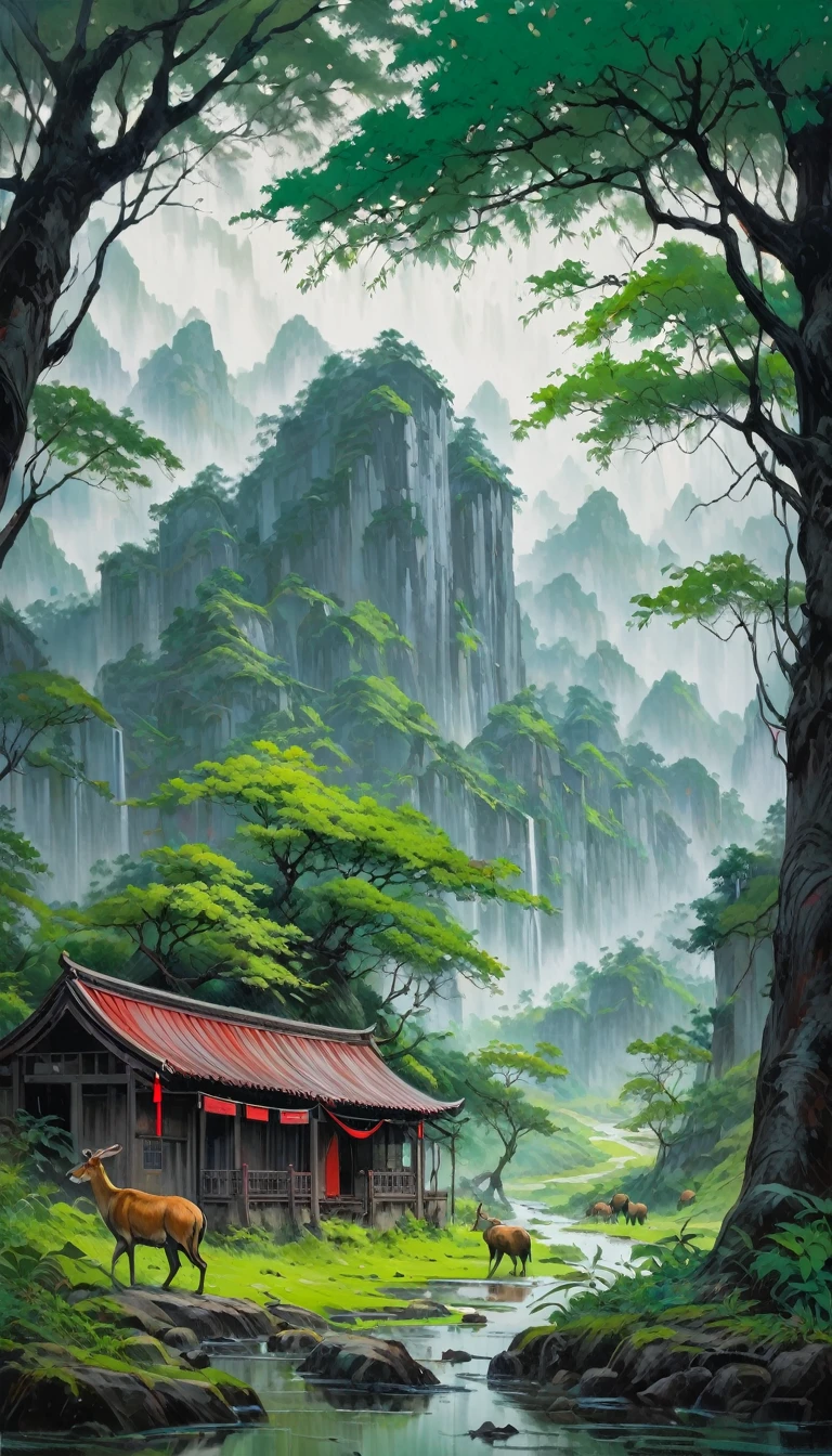 artist by Zeng Fanzhi,inside the village,wild animals,light tones,(smooth strokes),fine sketches,Vivid,Moody,Landscapes,Fantasy,Dark,landscape oil painting, red and green colors