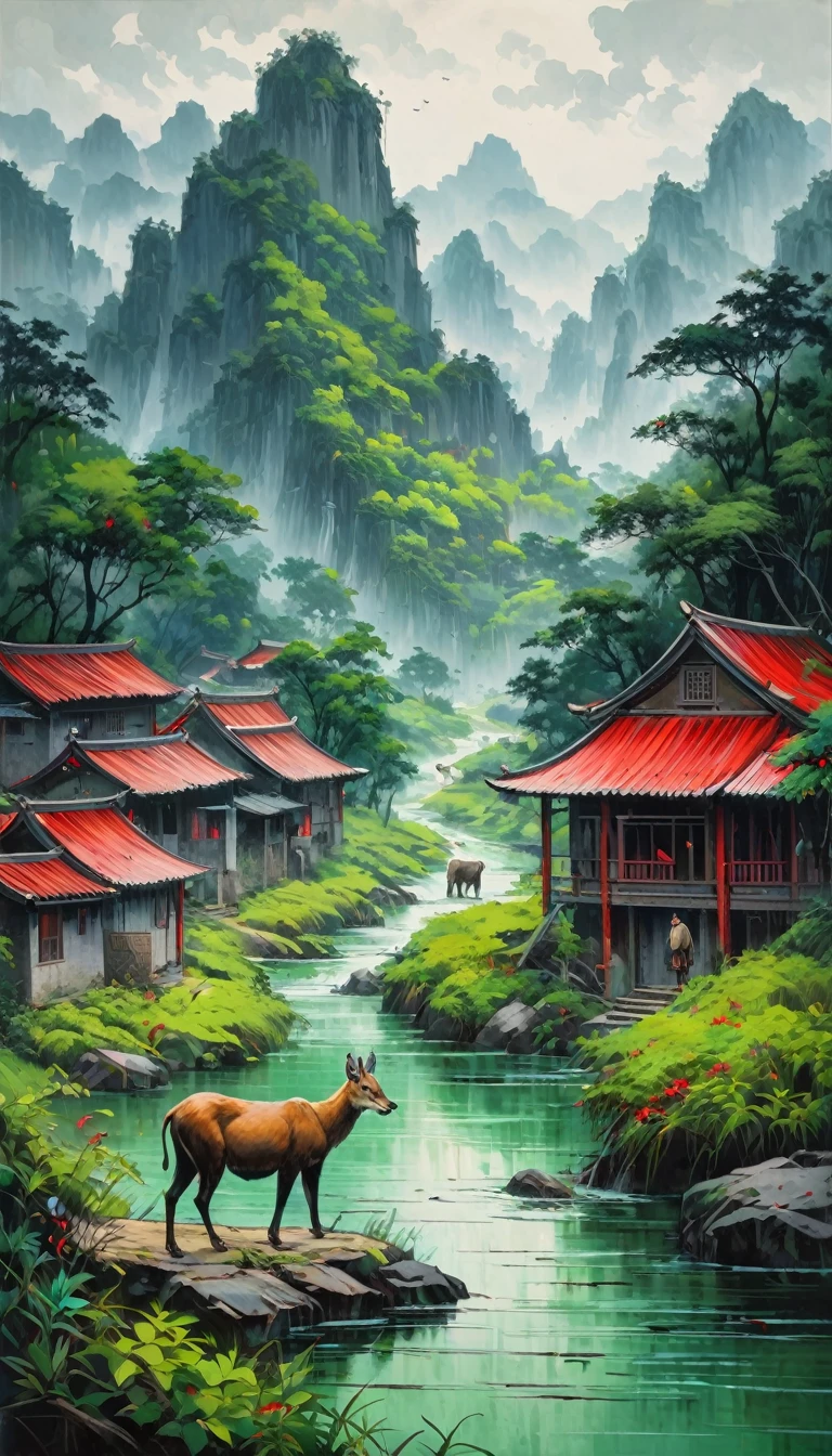 artist by Zeng Fanzhi,inside the village,wild animals,light tones,(smooth strokes),fine sketches,Vivid,Moody,Landscapes,Fantasy,Dark,landscape oil painting, red and green colors
