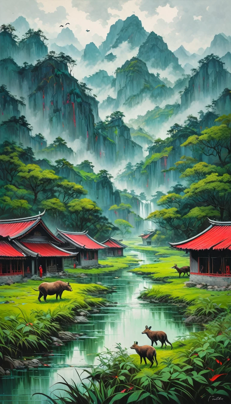 artist by Zeng Fanzhi,inside the village,wild animals,light tones,(smooth strokes),fine sketches,Vivid,Moody,Landscapes,Fantasy,Dark,landscape oil painting, red and green colors