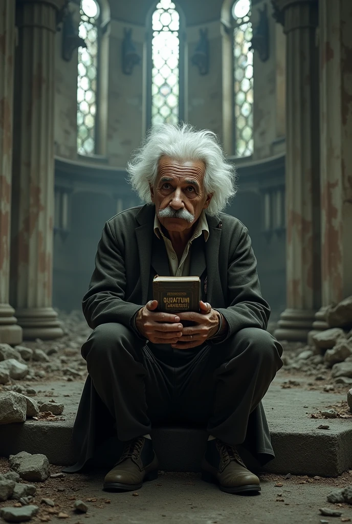 Einstein sitting on his knees before a destructed church with quantum mechanics book in hand.