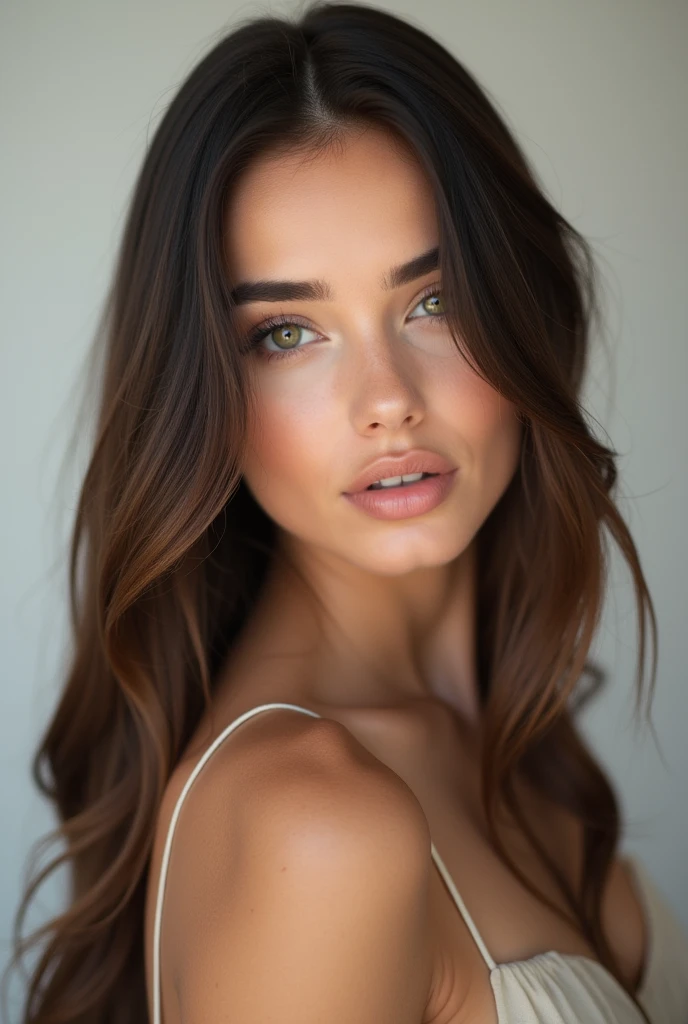 Young woman, brunette 20 years old, beautiful appearance, hair does not cover the face, make your hair straight
