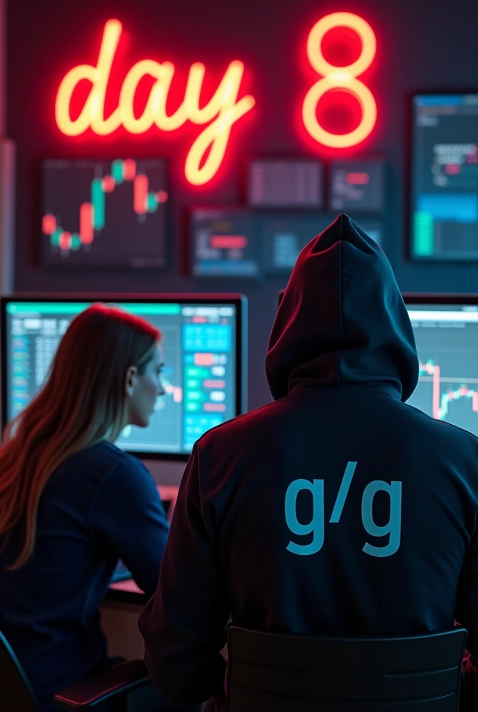 a man and woman sitting in trading room on money and working on trading application on his pc the boy face not visible must hoodie and his name "G G" written on the hoodie. Pic from back side pc monitor visible. And "Day 8" written on the wall with red neon light.