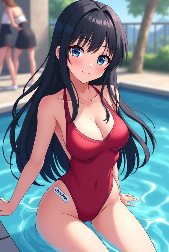 ((Black hair))), long hair, blue eyes, (((forehead))), sexy, large breasts, beautiful body, masterpiece, smile, ((( nipples Pasties))), nude, naked, hotel swimming pool ,busty, buxom, curvy, voluptuous,Sexual Intercourse, (cum in pussy),(breast milk)