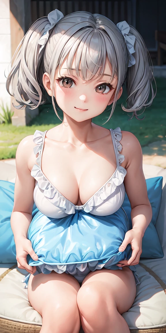 (masterpiece, Highest quality), Small breasts, Cleavage, Ruffled swimsuit, Gray Hair,Twin tails, short hair, Sit on a cushion , (Suggestive:1.2), (smile:0.7), Upper Body