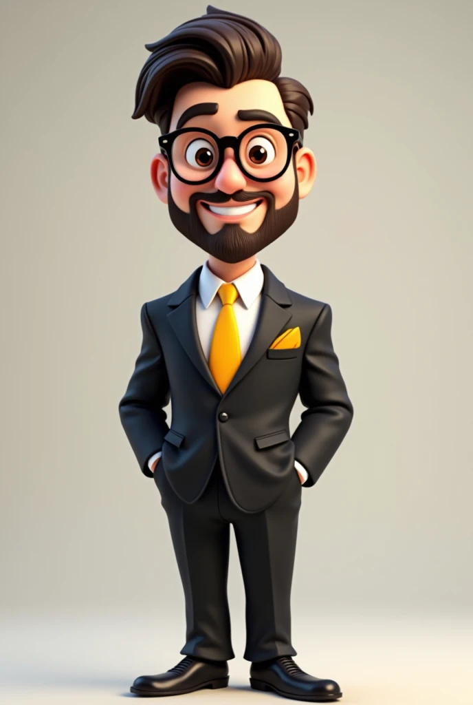 A full body 3D cartoon character. He has a friendly and charismatic appearance. The character is a young man with fair skin, a beard and dark brown hair combed up, thick eyebrows, large brown eyes and wears glasses. He is smiling confidently. The character is dressed formally, wearing a black suit, white shirt and yellow tie. In his jacket pocket there is a yellow handkerchief, matching his tie. He has both hands in his pockets and his relaxed posture suggests confidence and ease. The background of the image is neutral, which highlights the character even more.