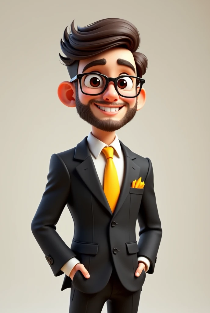 A full body 3D cartoon character. He has a friendly and charismatic appearance. The character is a young man with fair skin, a beard and dark brown hair combed up, thick eyebrows, large brown eyes and wears glasses. He is smiling confidently. The character is dressed formally, wearing a black suit, white shirt and yellow tie. In his jacket pocket there is a yellow handkerchief, matching his tie. He has both hands in his pockets and his relaxed posture suggests confidence and ease. The background of the image is neutral, which highlights the character even more.