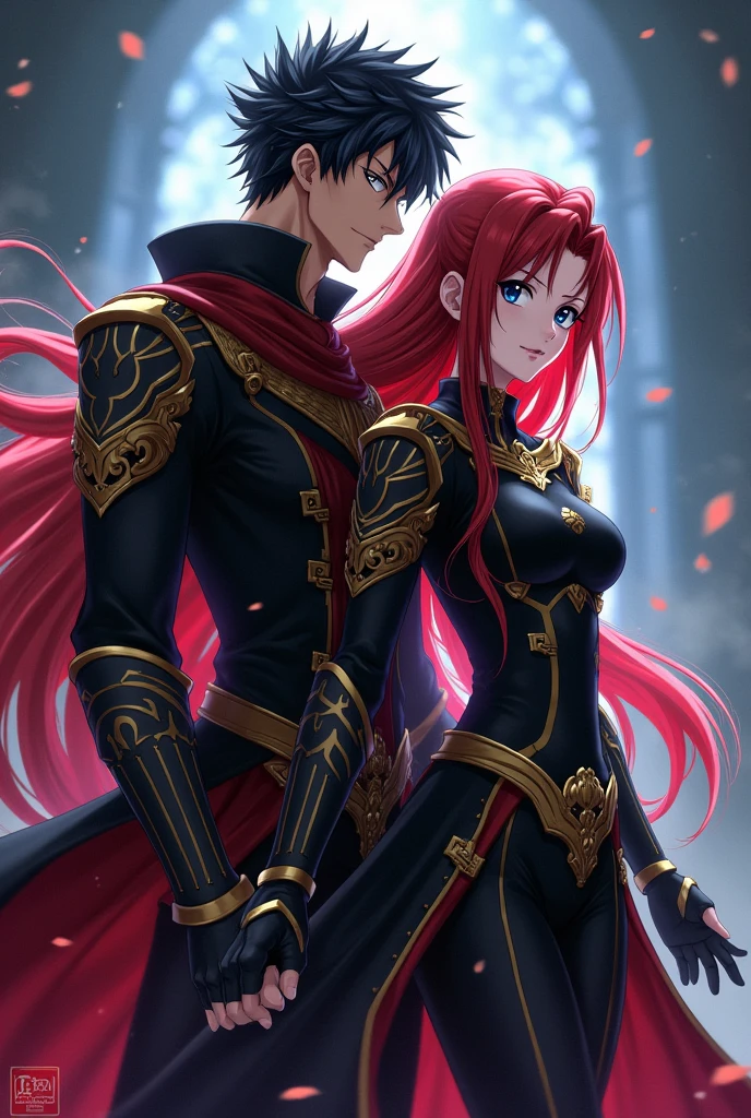 A wallpaper of Erza Scarlet with me as her husband. I'm black haired, black eyes, have an introvert personality. He is wearing a blackgold assassin uniform.