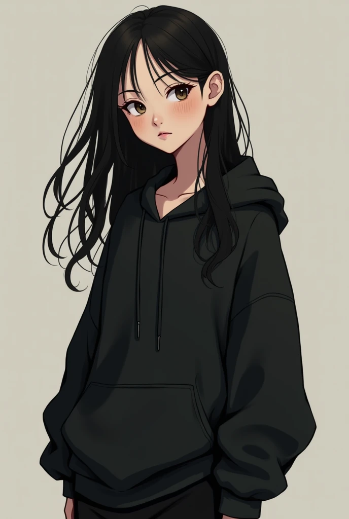 *namli karma is a boy with a very effeminate body often mistaken for a girl he has long black hair and he has small breasts and he has freckles on both cheeks and he is 1 meter 50 even with an effeminate horn he remains a boy he has a neutral face and he wears a loose black hoodie and wears loose black pants* s