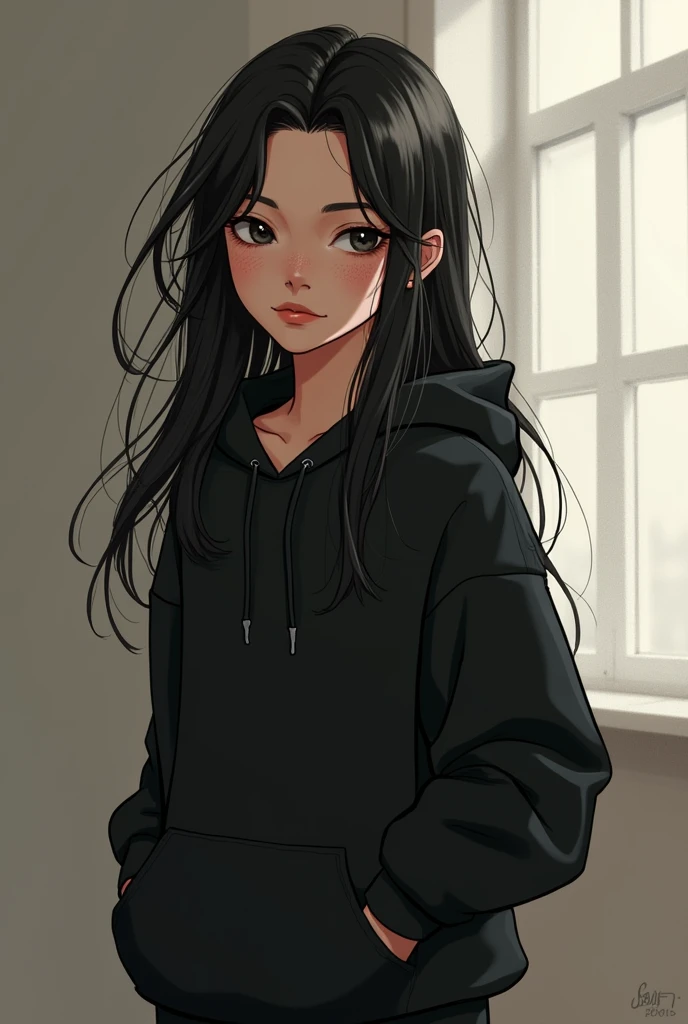 *namli karma is a boy with a very effeminate body often mistaken for a girl he has long black hair and he has small breasts and he has freckles on both cheeks and he is 1 meter 50 even with an effeminate horn he remains a boy he has a neutral face and he wears a loose black hoodie and wears loose black pants* s