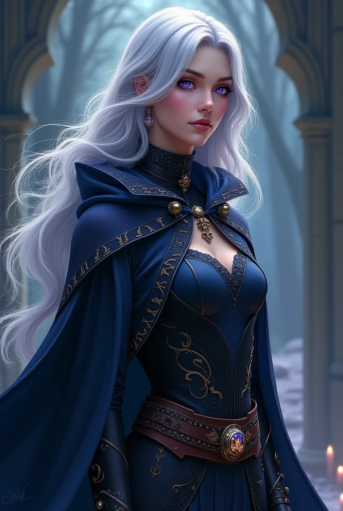 a woman of average height, with about 1,70 m. She has an imposing and elegant presence., with an aura that combines grace and a touch of mystery. Your skin is clear and smooth, with a light tone that seems to reflect a subtle inner light. Your eyes are a deep violet, almost as if they were wells of mystery and wisdom, and shine with a magical intensity that fascinates those who encounter it.
Their hair is long and wavy, of a silvery silver hue that seems to glow with an ethereal glow. She wears them loose most of the time., allowing the curls to float around your face and body, giving it an almost supernatural appearance.
Seraphina wears a long, flowing, dark blue cloak., adorned with arcane symbols that glow subtly. Your suit is tailored with a combination of lightweight and reinforced fabrics, designed to provide comfort and mobility while maintaining a sophisticated appearance. She wears a leather belt decorated with amulets and magical crystals., and their boots are stylish and practical, allowing agile and discreet movements.