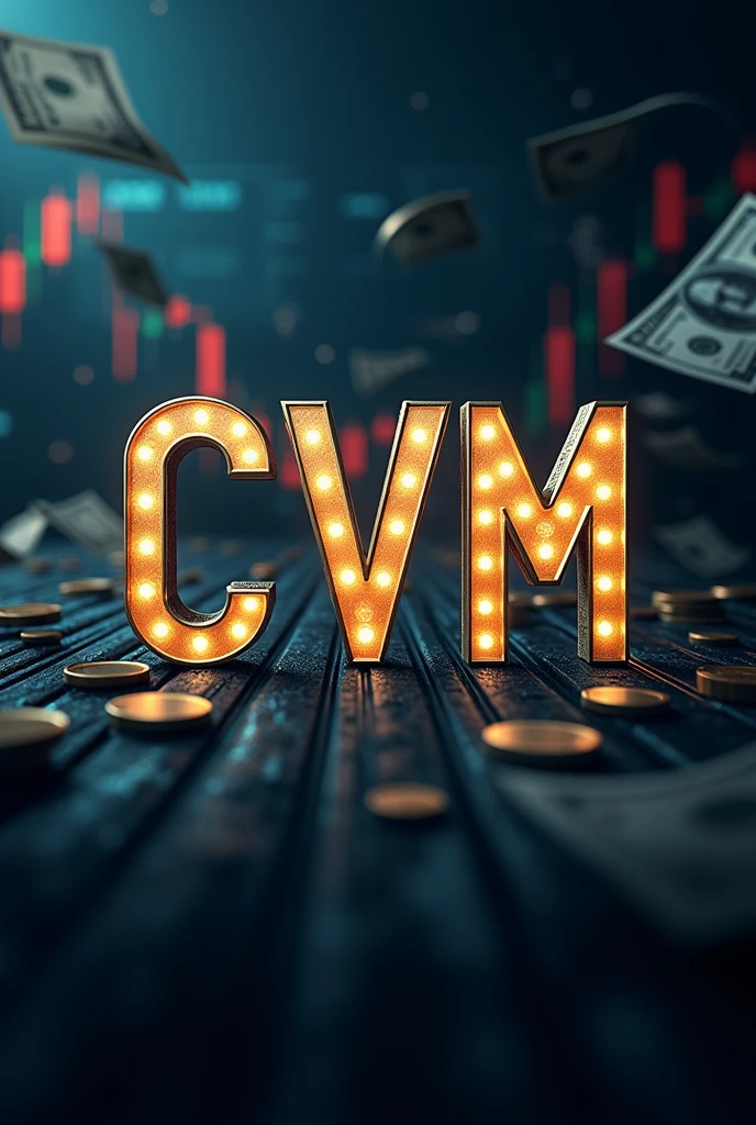 create a slideshow cover with the letters CVM stamped as the title, and in the background the image of the stock market varying (without workers). Also put money flying in the background. Make cvm letters beautiful, and center them on the screen, facing the observer
