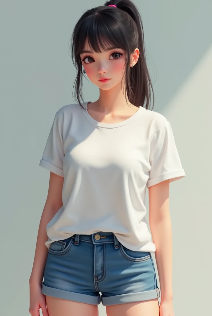 Young Female Filipina with short long ponytail hair with bangs has E size breast Wearing a white t-shirt and a blue shorts