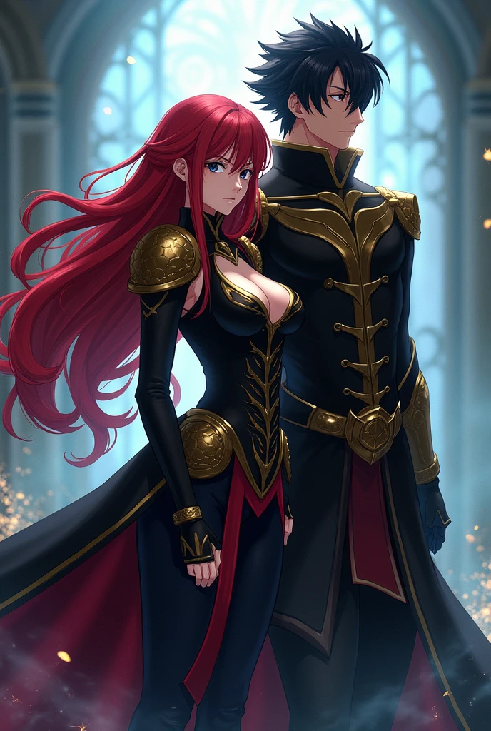 A wallpaper of Erza Scarlet with me as her husband. I'm black haired, black eyes, have an introvert personality. He is wearing a blackgold assassin uniform.