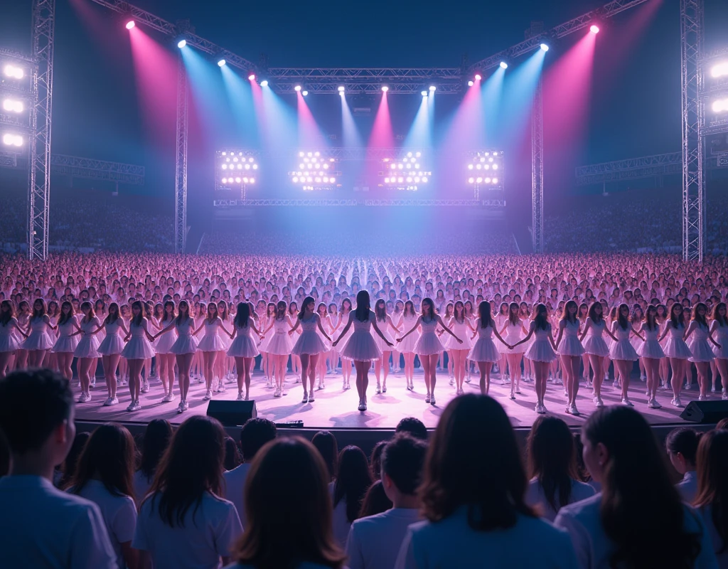 5 kpop female artists performing, wide stage, huge stadium filled with fans, lights, concert