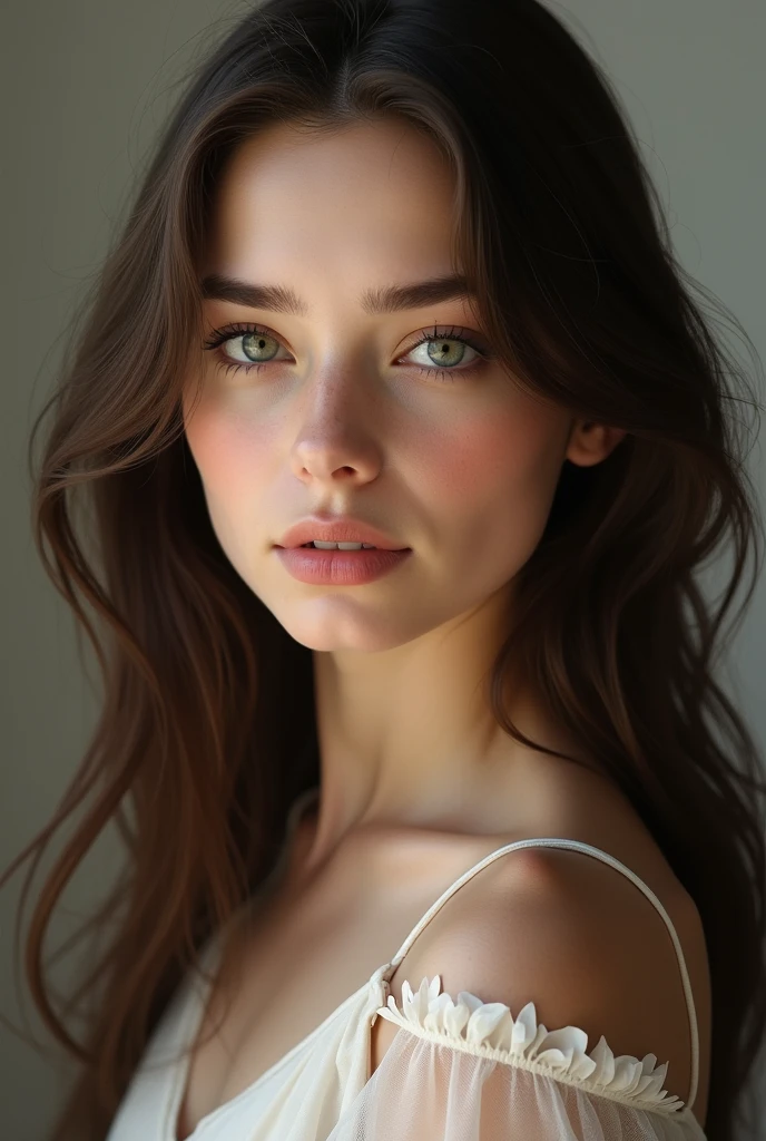 Young woman, brunette 20 years old, beautiful appearance, hair does not cover the face, make your hair straight, with Russian appearance