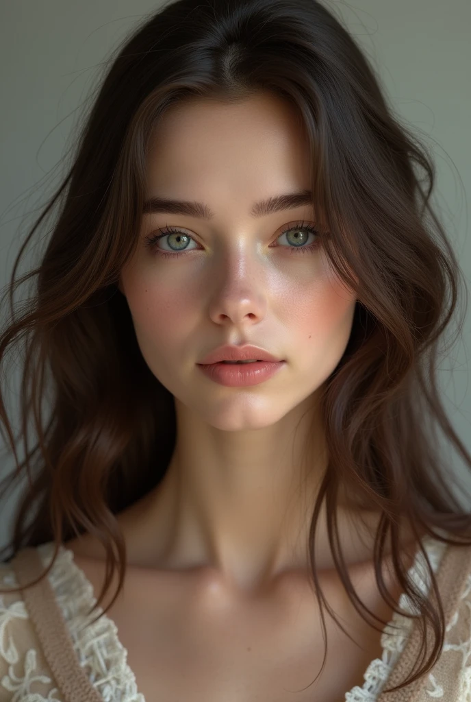 Young woman, brunette 20 years old, beautiful appearance, hair does not cover the face, make your hair straight, with Russian appearance