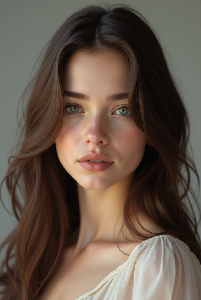 Young woman, brunette 20 years old, beautiful appearance, hair does not cover the face, make your hair straight, with Russian appearance