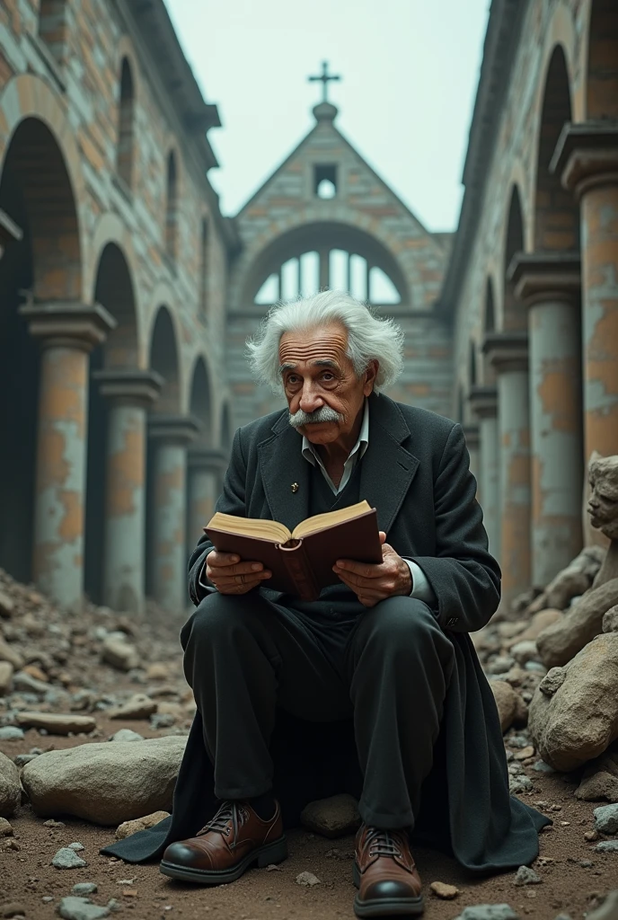 Einstein sitting on his knees before a destructed church with quantum mechanics book in hand with heads down.