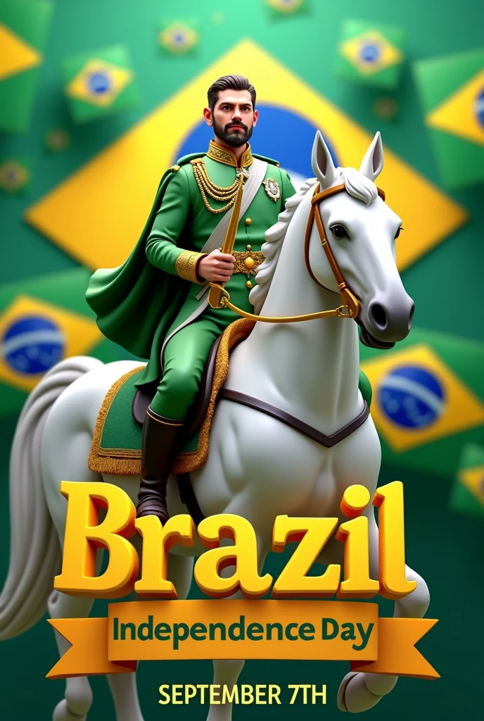 Crie uma ilustração 3D comemorativa do Brazil's Independence Day. The image must include a 3D stylized figure of Dom Pedro I, the emperor of Brazil, riding a realistic white horse, with a determined expression and wearing historical costumes from the time of independence, including a detailed green and gold military uniform. He must be holding a sword in his right hand, pointed upwards, symbolizing leadership and courage. The background must be composed of colors that represent Brazil, like green, yellow and blue, and may include Brazilian flags and graphic elements that evoke patriotism. Include 3D text that says "Brazil's Independence Day" with the date "September 7th", in a modern and eye-catching typography.